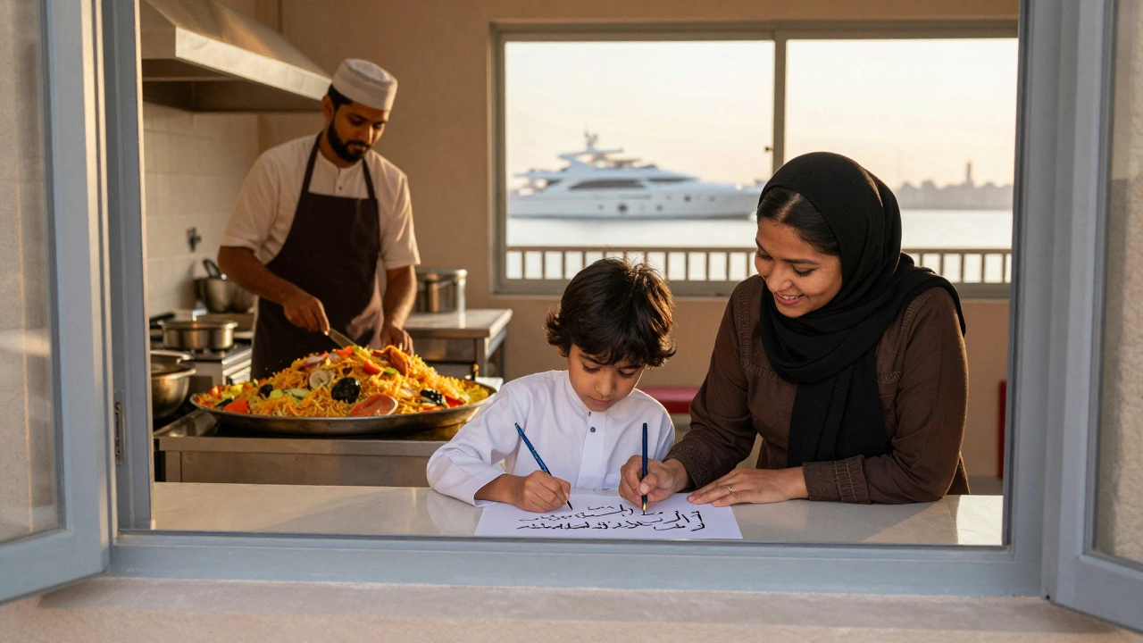 A Filipina nanny teaching Arabic calligraphy to a child, with a chef cooking behind them and the marina in view.