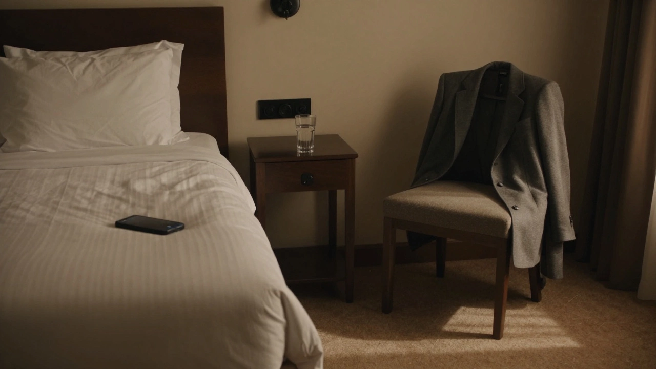 An empty hotel room with signs of a recent quiet visit, soft lamplight glowing.