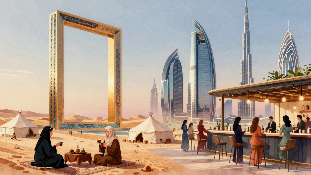 The Dubai Frame bridging traditional Bedouin life and modern skyscrapers in a soft watercolor fusion.